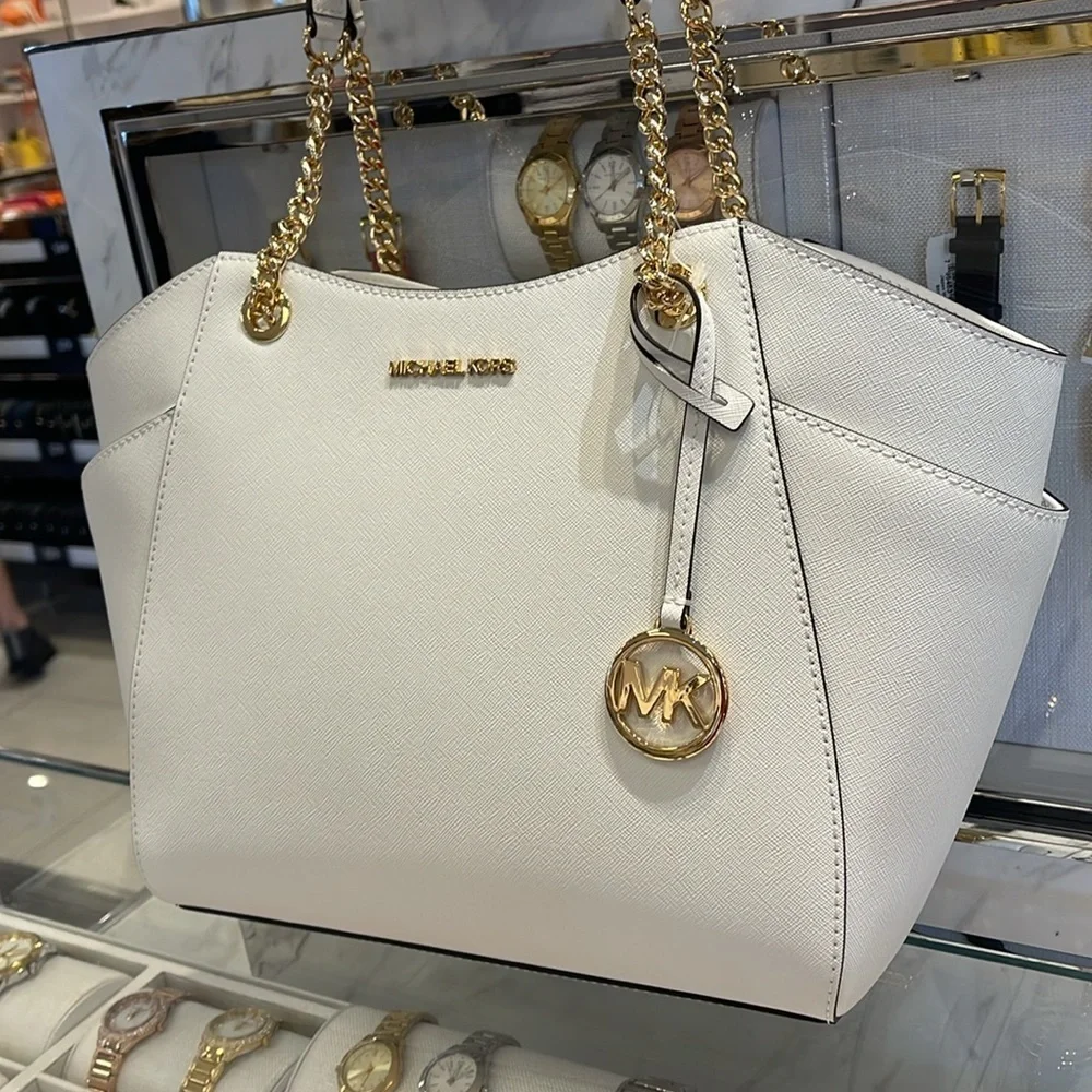 Michael Kors Jet Set Travel Lg Saffiano Leather Chain Shoulder Tote Optic White